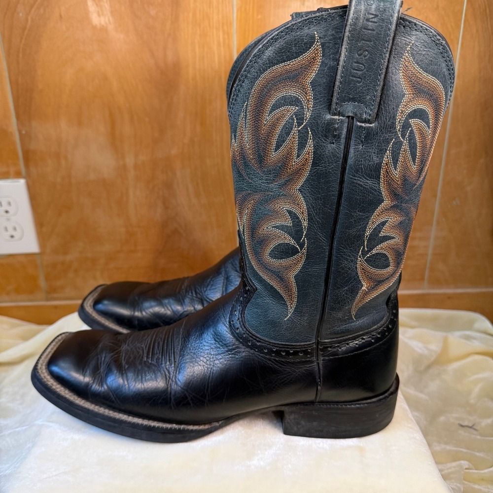 Justin Black & Teal Green Embroidered Wide Square Toe Western Cowboy Boots 8.5D